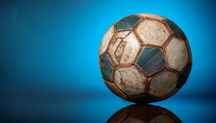 Fototapeta premium Old Soccer ball in on blue background. Generated image