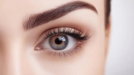 Obraz premium Close-up Portrait of a Female Model’s Eye with Long Eyelashes on White Background, Beauty Salon Spa Treatment, Hairdressing Studio Concept
