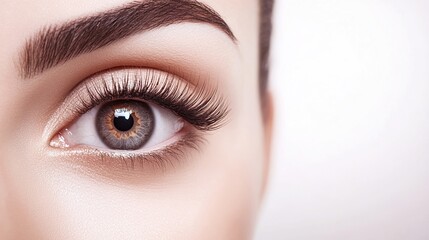 Obraz premium Close-up Portrait of a Female Model’s Eye with Long Eyelashes on White Background, Beauty Salon Spa Treatment, Hairdressing Studio Concept
