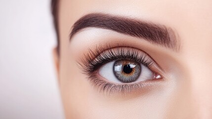 Obraz premium Close-up Portrait of a Female Model’s Eye with Long Eyelashes on White Background, Beauty Salon Spa Treatment, Hairdressing Studio Concept