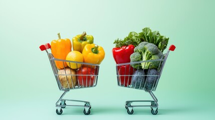 Supermarket Sticker Shock. Colorful vegetables in shopping carts against a light green background.