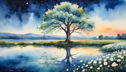 Beautiful landscape white flowers blooming by the lake at night, watercolor painting style, generative AI.