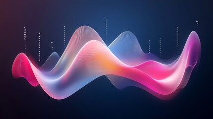 Abstract Financial Chart with Curved Lines, Data Points, and Upward Arrows on Dark Blue Background