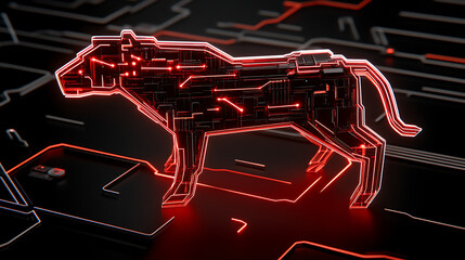 Cybernetic Jaguar Circuitry Design Futuristic Glowing Red Animal Representation and Digital Art Element