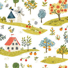 Charming countryside scene joyful bike ride windmill house cheerful trees