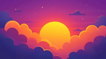 Vibrant sunset with orange, purple clouds and stars.
