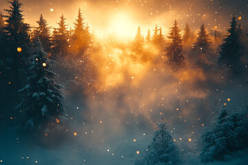 Ethereal Winter Forest, Golden Light and Falling Snow Serenity