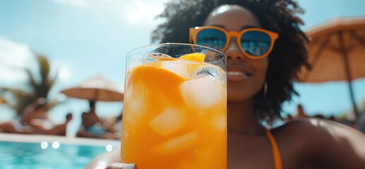 Woman poolside orange drink summer