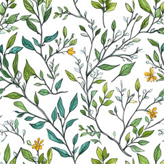 Vibrant Green Watercolor Floral Pattern Delicate Branches Blooming Delightful