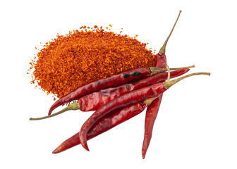 Hot spicy dried chili peppers with chili powder isolated on transparent background	