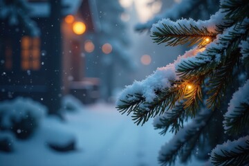 Frosted pine boughs, warm LED lights glow, winter scene , festive, frosted, illuminated