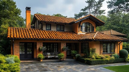 Obraz premium A large house with a red tile roof and a brick exterior