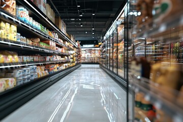 Fototapeta premium A brightly lit supermarket aisle with fully stocked shelves and a reflective floor. The image conveys shopping, consumerism, and grocery retail, perfect for commerce and food industry themes.