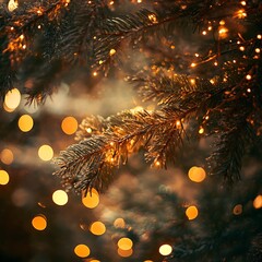 Festive Bokeh Snowy Pine Branch Background