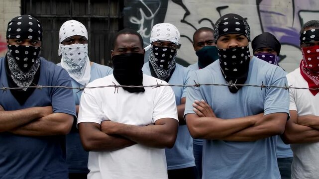 A group of men wearing bandanas and masks stand with arms crossed behind barbed wire, evoking themes of gang culture and rebellion.