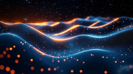Obraz premium Abstract glowing wave background with orange and blue particles.