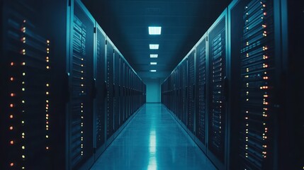 Obraz premium Server room corridor, data center, network, technology, blue light, digital infrastructure, IT, storage, for tech websites
