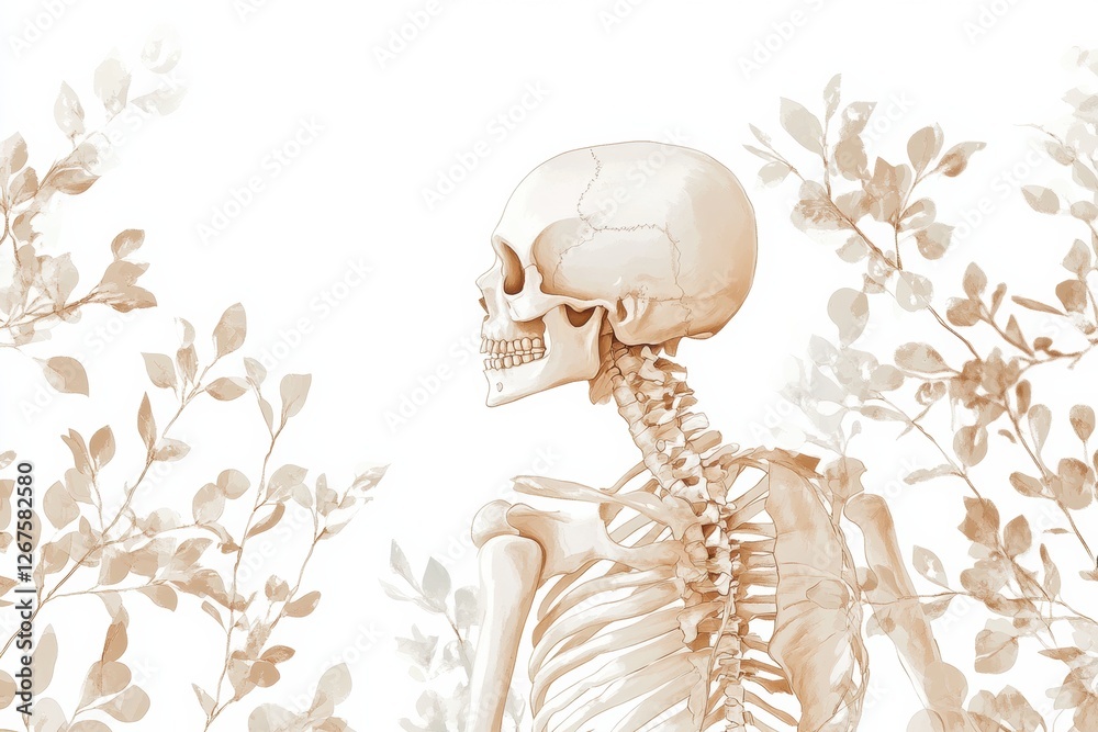 Aufkleber skeleton with delicate leaves in a serene botanical setting illustrating anatomy. generative ai