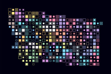 Montana, shape of the state built of colored cells. Digital style map of Montana on a dark background. Large size square blocks. Creative vector illustration.