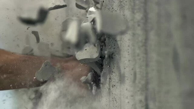 A strong fist smashing through a concrete wall, symbolizing strength, determination, rebellion, or overcoming obstacles.