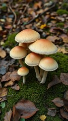 Fototapeta premium Edulis mushrooms with caps on a forest floor covered in fallen leaves and moss, earthy, fungi