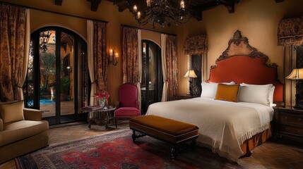 A classic European-style hotel room with elegant furnishings, plush bedding, and warm ambient lighting.