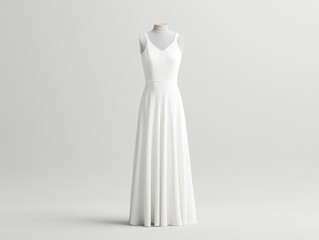 Women's Dress Mockup. Elegant white dress displayed on a mannequin against a minimalist background, perfect for bridal or formal fashion inspiration.