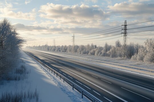 Snow-covered highway stretches into the distance under a bright winter sky