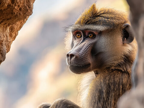 Gelada Baboon in the Simien Mountain, close up of gelada baboon with expressive face, highlighting its unique features and emotions