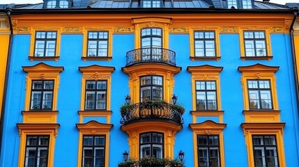 Obraz premium Colorful European building facade, city street background, architectural detail, real estate