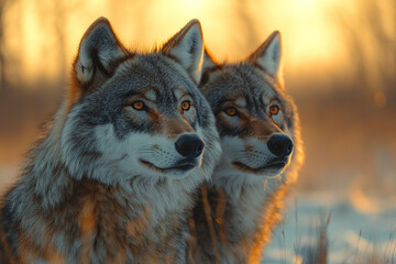 Fototapeta premium Winter Wolves, Twin Gazes in the Golden Light of the Dawn