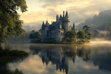 Obraz premium Majestic castle surrounded by misty lake and lush trees in early morning light