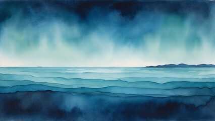 Obraz premium Serene watercolor seascape with deep blue tones illustrating calm ocean waves and horizon
