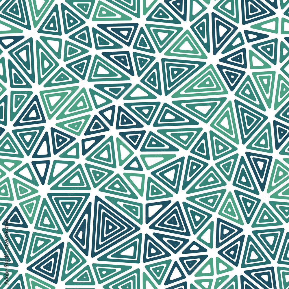 Poster mosaic triangles shapes background. multiple repeated inner triangles. medium shape size. multiple c