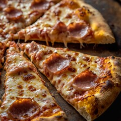Delicious pepperoni pizza slices on a rustic wooden board.