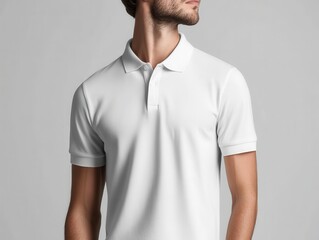 Fototapeta premium Polo shirt mockup. A young man poses in a plain white polo shirt, showcasing a casual yet stylish look against a neutral background.