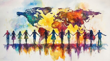 Global unity diverse people holding hands, world map background, watercolor art, international collaboration concept
