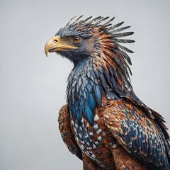 Fototapeta premium A griffin with cosmic-like patterns on its feathers, staring fiercely on a clear white background.