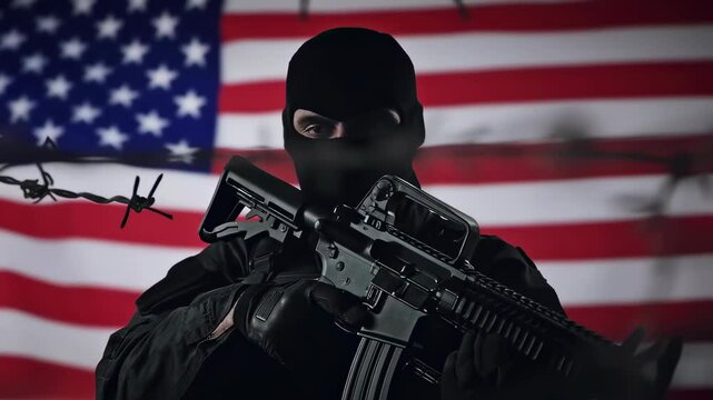 A masked man in black tactical gear holding a rifle, standing in front of an American flag, symbolizing militia, terrorism, or rebellion.