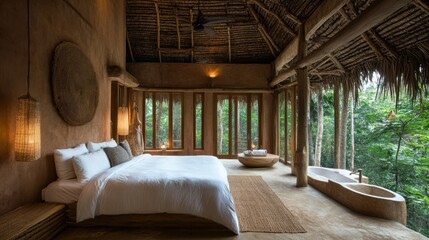 A cozy and modern eco-hotel bedroom with sustainable materials, natural lighting, and warm textures.