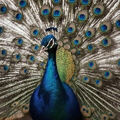 Fototapeta premium A peacock with crystal-like feathers reflecting light, spreading its tail on a clear white background.