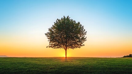 Obraz premium Solitary Tree Silhouetted Against a Vibrant Sunset Sky