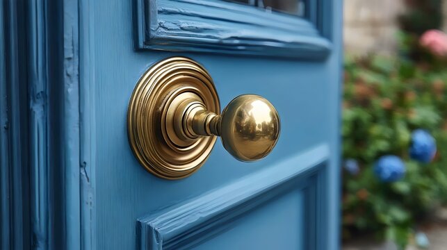 A gold door knob sits on a blue door