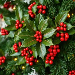 Obraz premium Festive holly leaves and berries on a decorated Christmas tree, holiday decor, festive, Christmas tree
