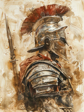 Gladiator in battle-worn armor holding a shield and sword