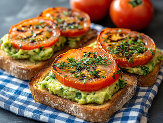  a wooden cutting  toasted bread topped with mashed avocado and thick slices of roasted tomatoes., garnished with chopped parsley. The background includes whole tomatoes and a green herb.