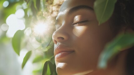 Serene woman relaxes in sunlit garden with closed eyes
