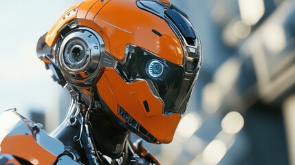 Fototapeta premium Orange robot head with glowing eye in futuristic city