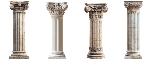 Collection of Ancient Greek columns isolated on transparent background