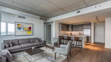 Fototapeta premium A high-end condo accommodation featuring a minimalist aesthetic, contemporary decor, and warm lighting.